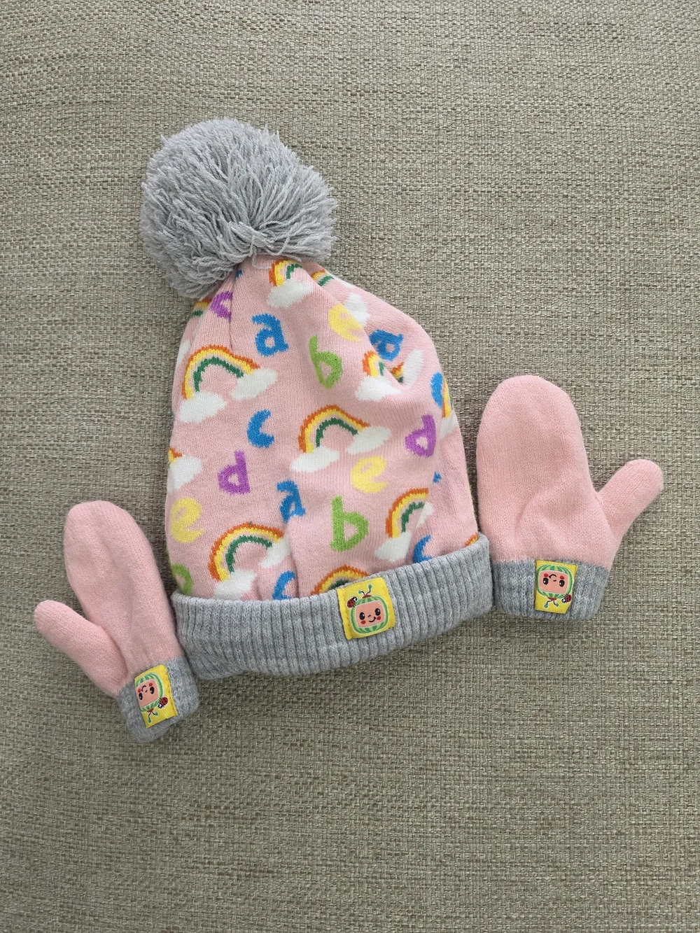 Kids Pink Rainbow ABC Pom-Pom Hat with Matching Mittens
